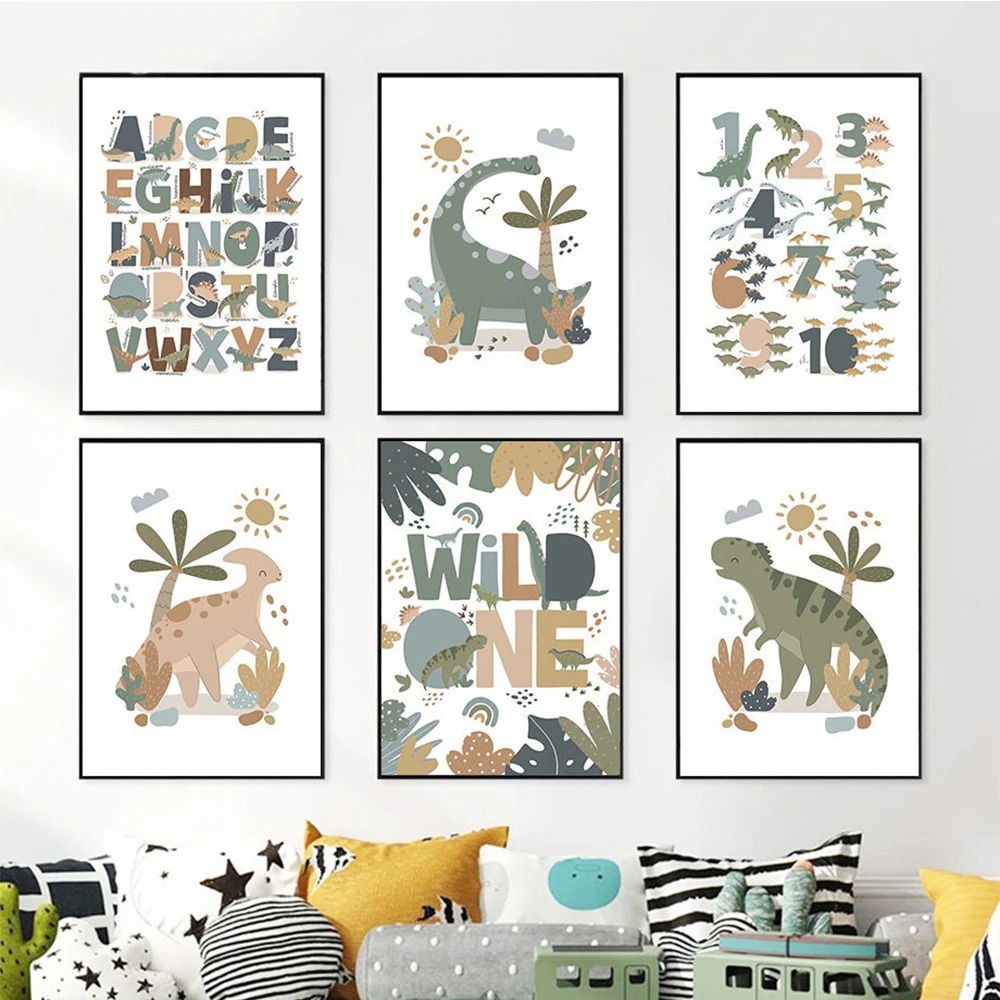 Kids Educational Posters - ภาพวาดบนผ้าใบลายไดโนเสาร์น่ารักสไตล์นอร์ดิก พร้อมตัวอักษรและตัวเลข โปสเตอร์การศึกษาสำหรับห้องเด็ก