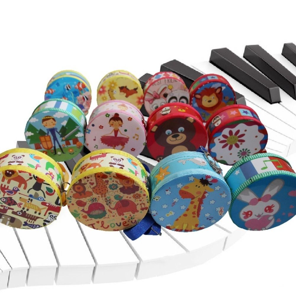 Kids Education Music - กลองไม้สำหรับเด็ก กลองสองด้านพร้อมไม้กลองและสายสะพาย เครื่องดนตรีเพื่อการศึกษา ลวดลายสัตว์ กลองมือสำหรับเด็ก เครื่องดนตรีประเภทเพอร์คัชชัน