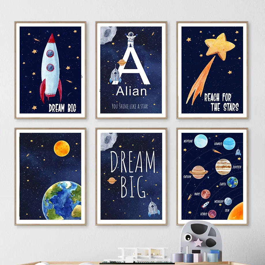 Kids Educational Posters - ภาพวาดบนผ้าใบ 1 ชิ้น ภาพพิมพ์ตกแต่งผนังห้องเด็ก พร้อมชื่อสั่งทำได้ ลายอวกาศ