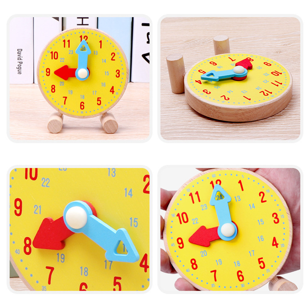Kids Education Design - นาฬิกาไม้ 1 ชิ้น สำหรับการพัฒนาการเรียนรู้เรื่องเวลาในวัยเด็ก พร้อมเข็มนาฬิกาหมุนได้ ฐานตั้ง